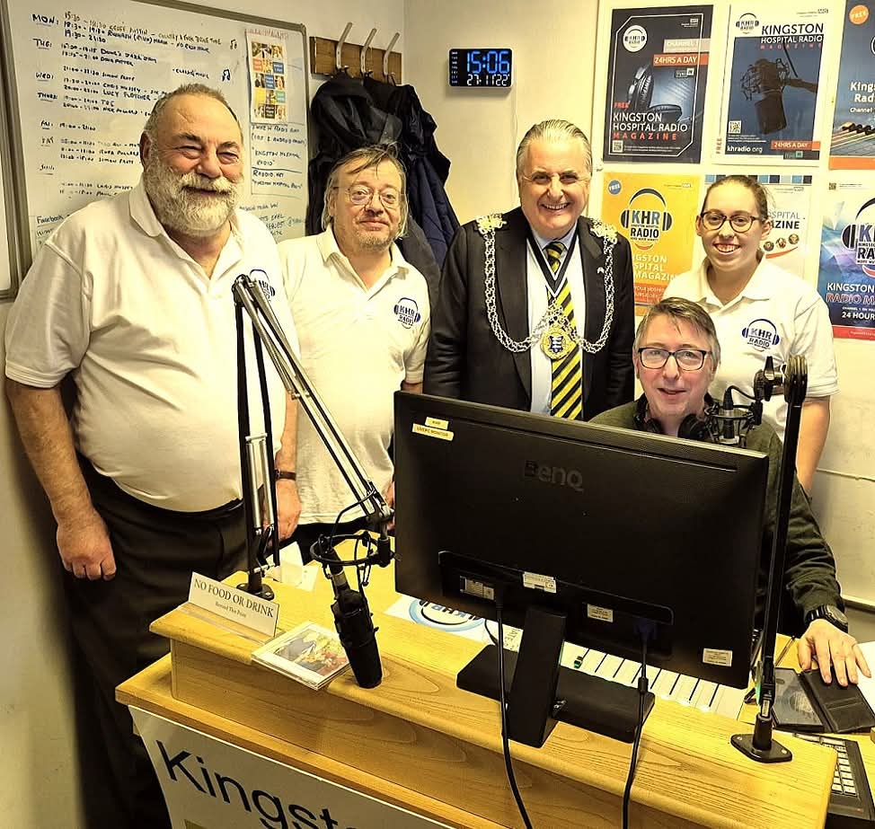 Kingston Mayor visits presenters Geoff Austin, Nick Pollard, Simon Frate, and Rhea Pollard in the Kingston Hospital Radio Norbiton studio.